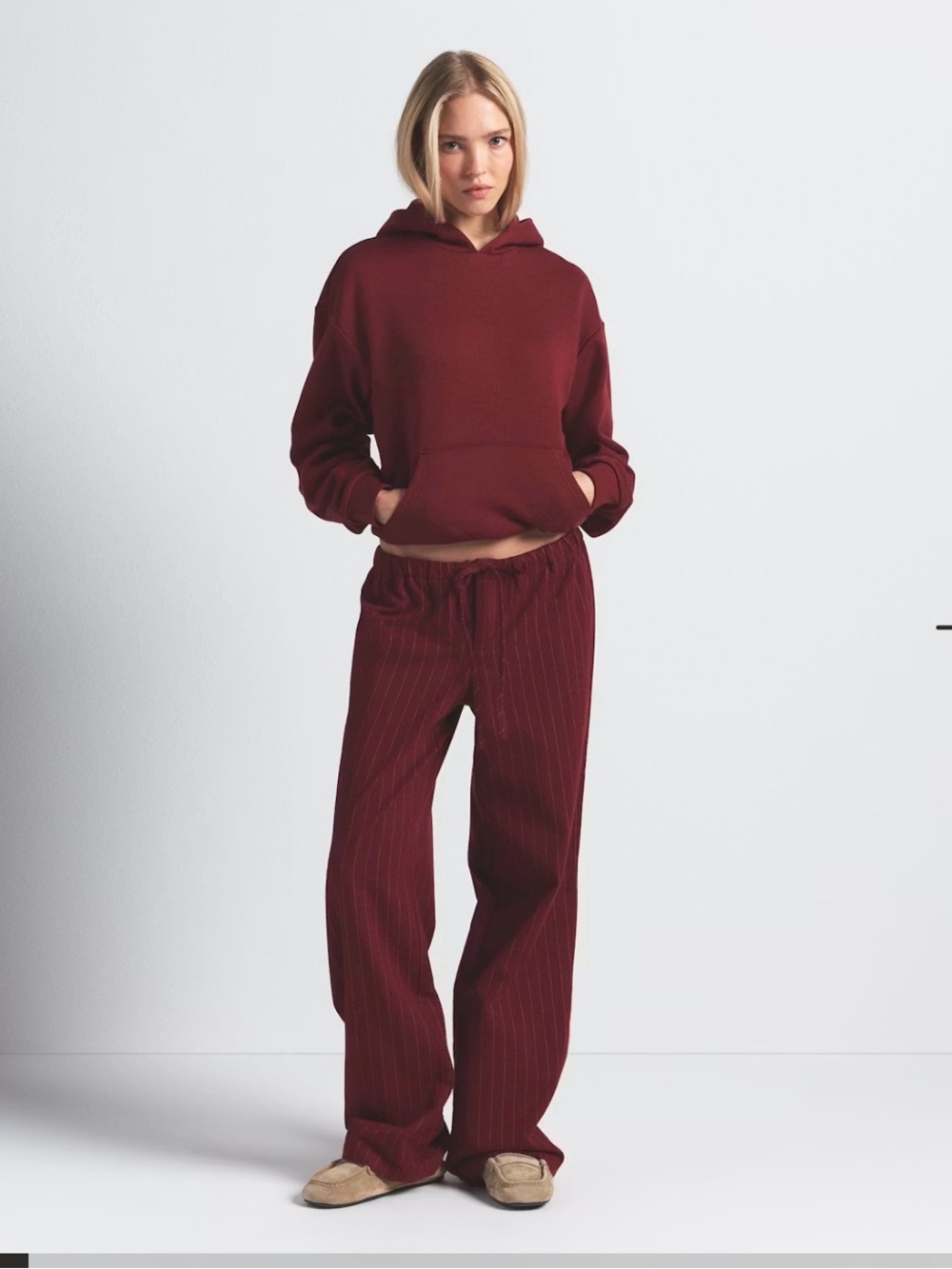 SKIMS Burgundy Relaxed Wide-Leg with matching hoody. $80